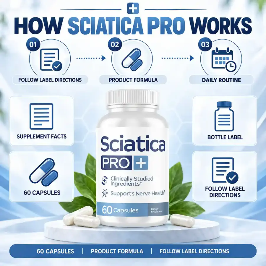 The marketing card supplied with Sciatica Pro, photographed: the seller's own account of how the product is meant to work