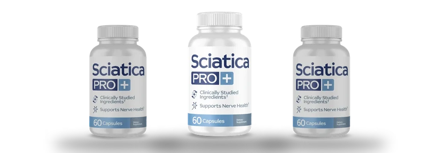 Sciatica Pro three-bottle pack render, 3 white bottles of 60 capsules
