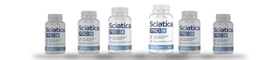 Sciatica Pro six-bottle pack render, 6 white bottles of 60 capsules