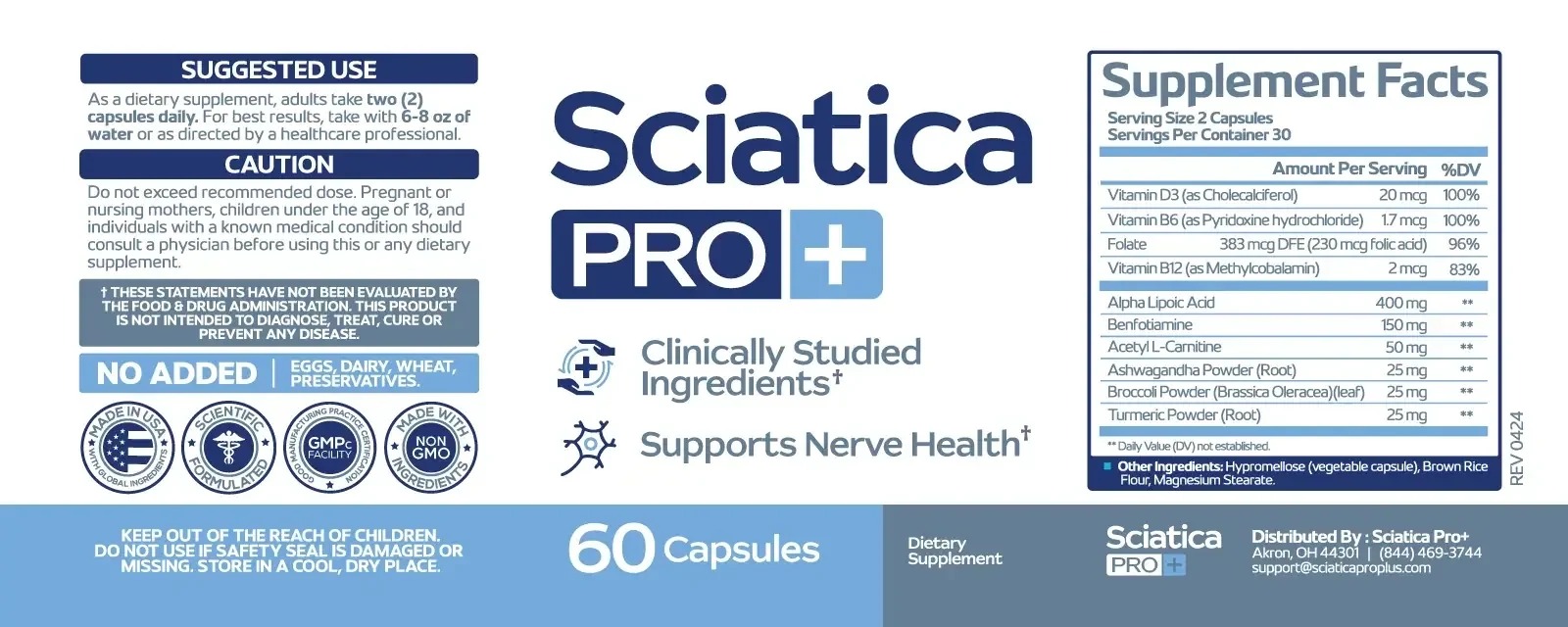 The full Sciatica Pro label, photographed, with the panel marked